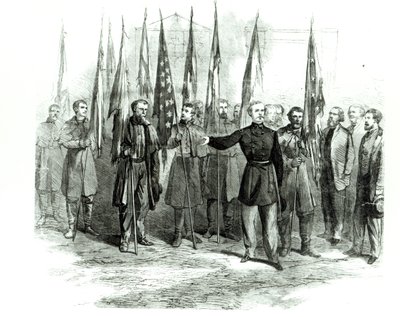 Il generale Custer presenta le bandiere confederate catturate a Washington il 23 ottobre 1864 da Alfred Rudolph Waud